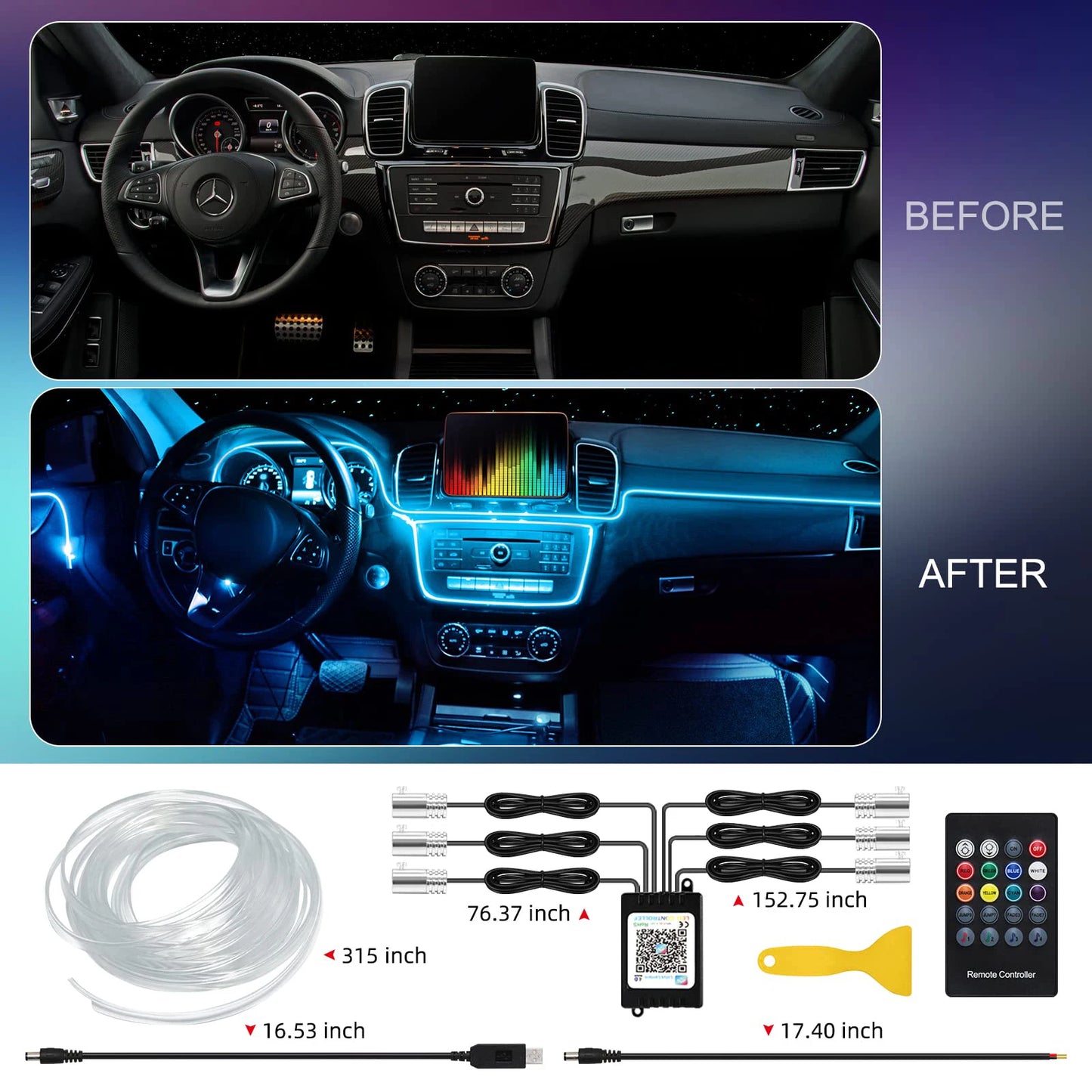 LED Car Interior Ambient Strip Lights RGB Fiber Optic Atmosphere Neon Lighting Kit W/ APP Remote Control Auto Decorative Lamps