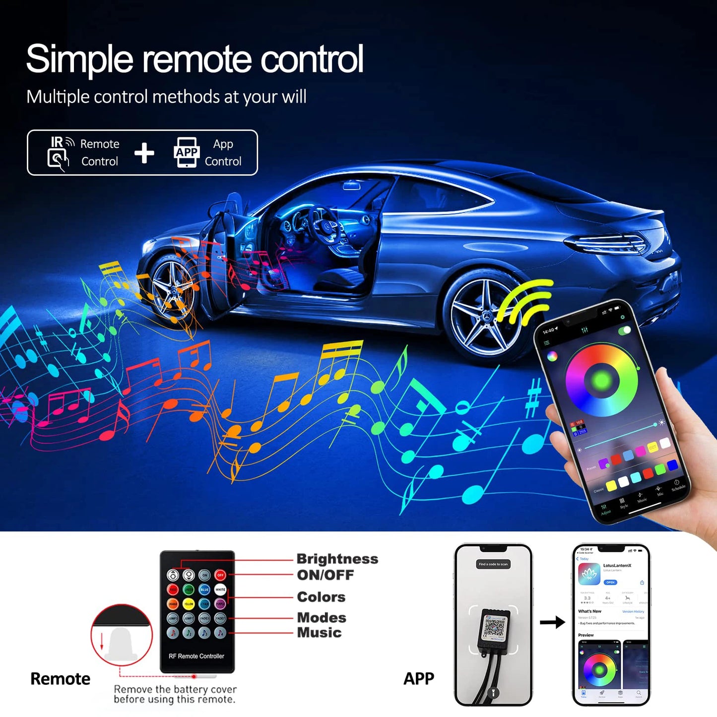 LED Car Interior Ambient Strip Lights RGB Fiber Optic Atmosphere Neon Lighting Kit W/ APP Remote Control Auto Decorative Lamps